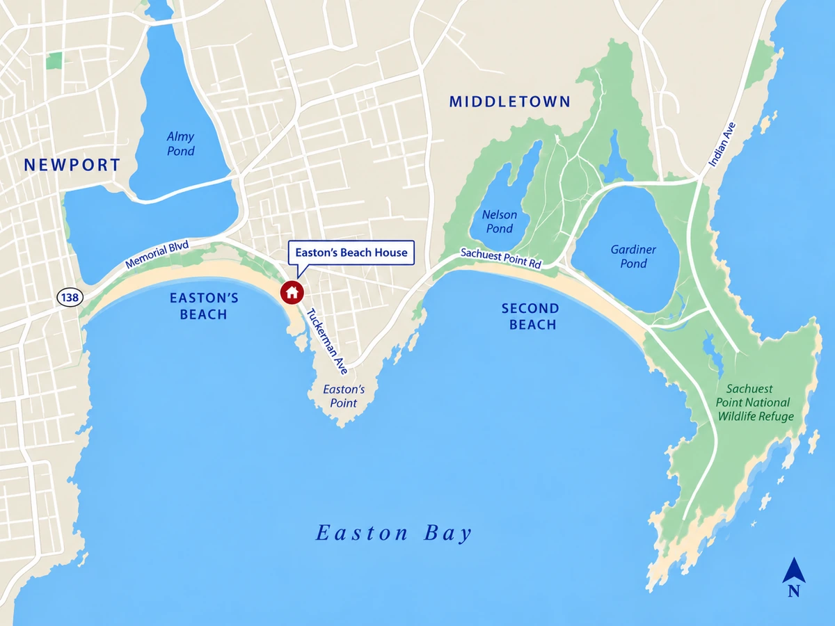 Map marking Easton's Beach House on Easton's Point, between Easton's Beach and Second Beach, near Newport and Middletown.